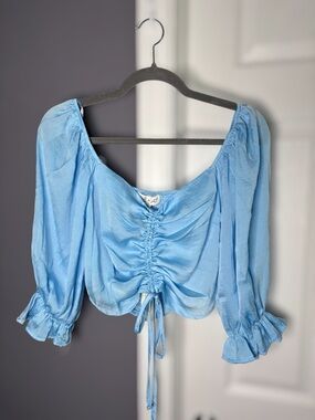 She + Sky Blue Satin Cropped Cinched Front Top Smocked Back Sz M